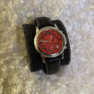 Deporte Red Dial Chronograph Watch Black Leather Band Stainless Steel